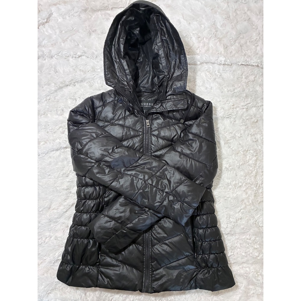 Y2K GUESS Womens Black Quilted Puffer‎ Jacket With Hood Zip Up Coat Large